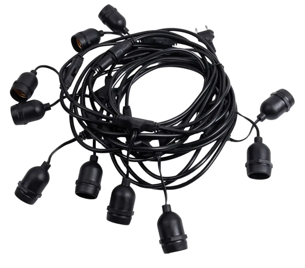 PROfesionali stambių lempučių „bulbs“ girlianda POLAMP, 20m, 40xE27, juodu laidu, IP44