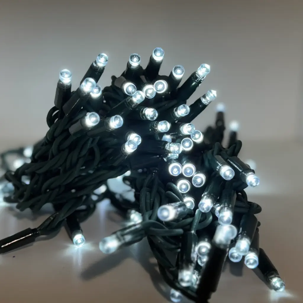 PROfesionali lempučių girlianda POLAMP, 10m (5+5), 100 LED, šaltai balta, žaliu laidu, IP67