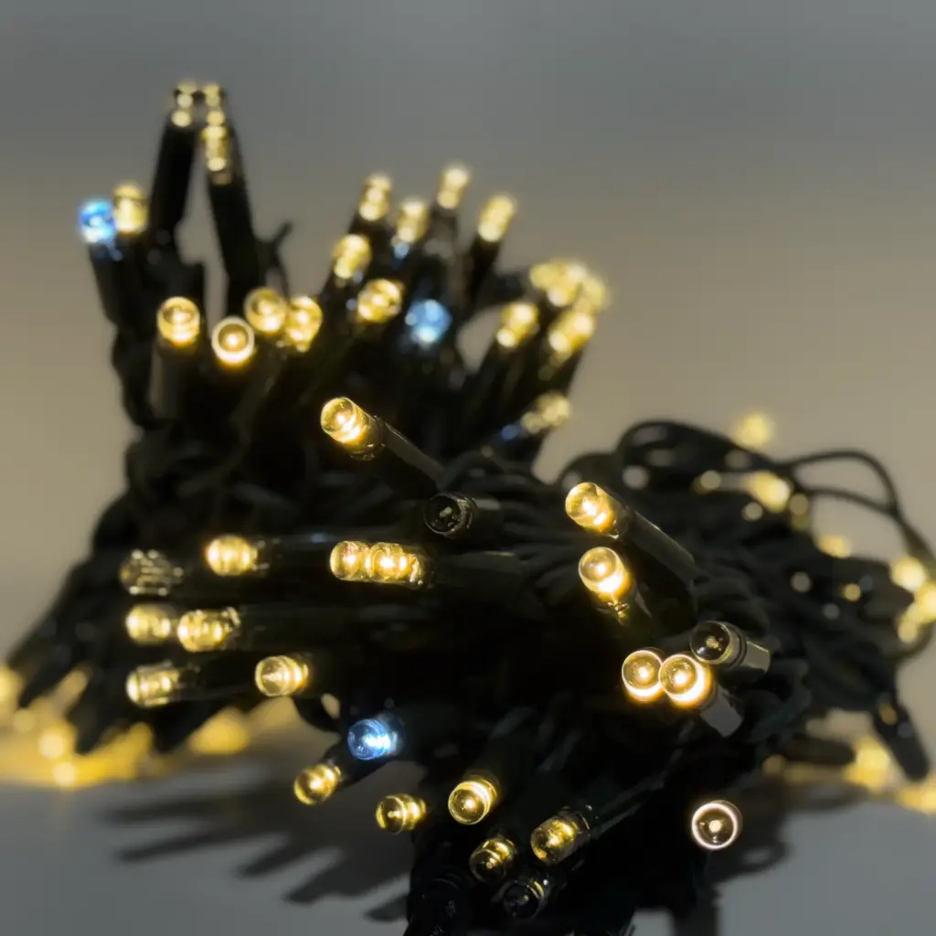 PROfesionali FLASH lempučių girlianda POLAMP, 10m (5+5), 80+20 LED, šiltai balta, žaliu laidu, IP67