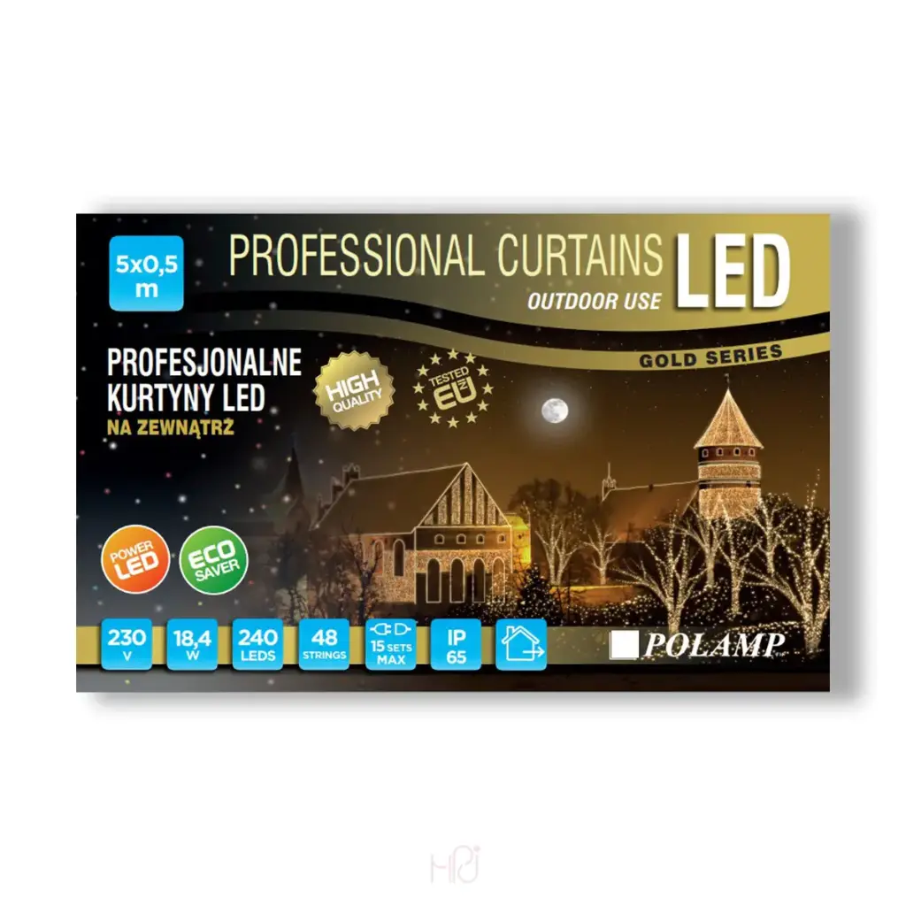 PROfesionali FLASH lempučių užuolaida POLAMP, 5x0,5m, 192+48 LED, šaltai balta, baltu laidu, IP67