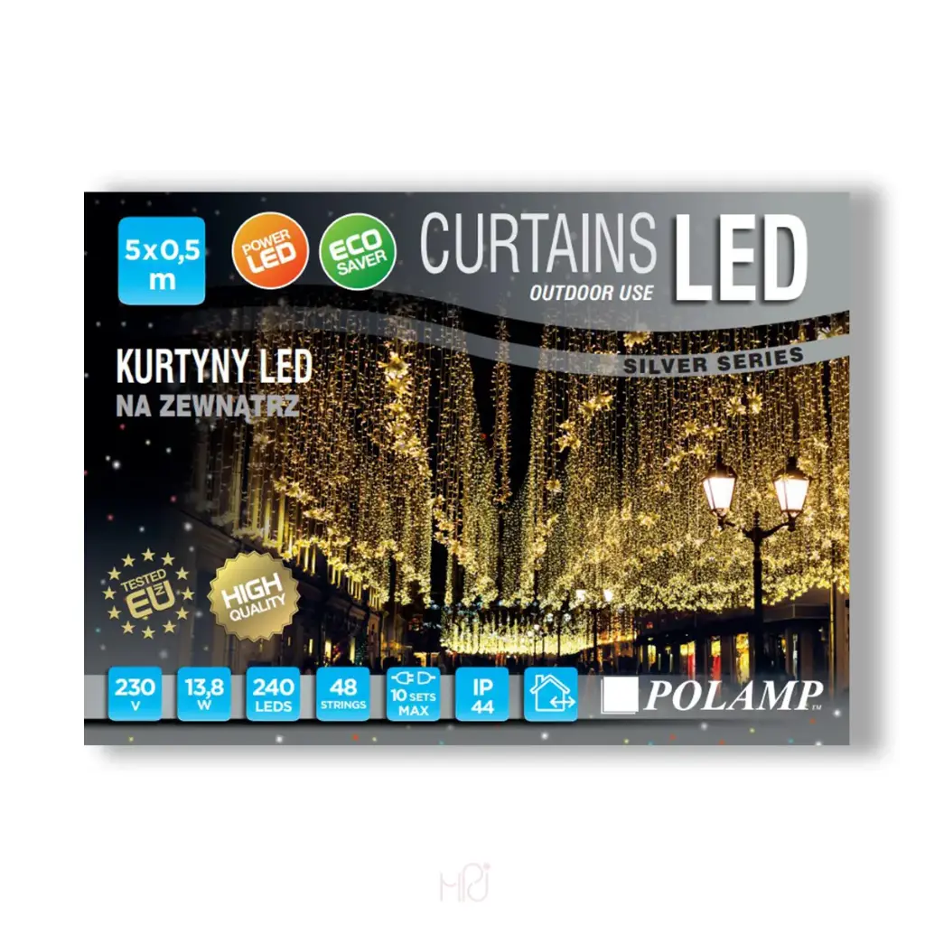 Lempučių užuolaida POLAMP, 5x0,5m, 240 LED, šaltai balta, skaidriu laidu, IP44