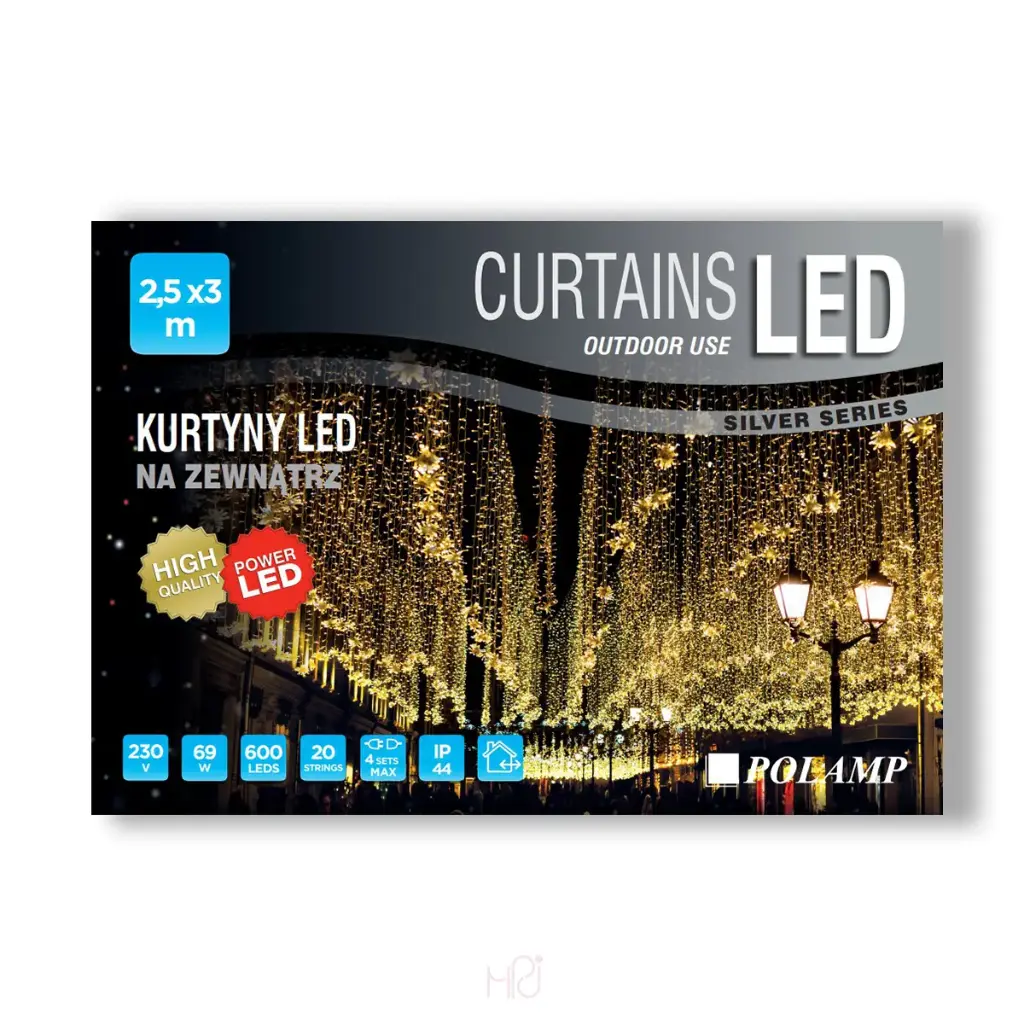 Lempučių užuolaida POLAMP, 2,5x3m, 600 LED, šaltai balta, skaidriu laidu, IP44