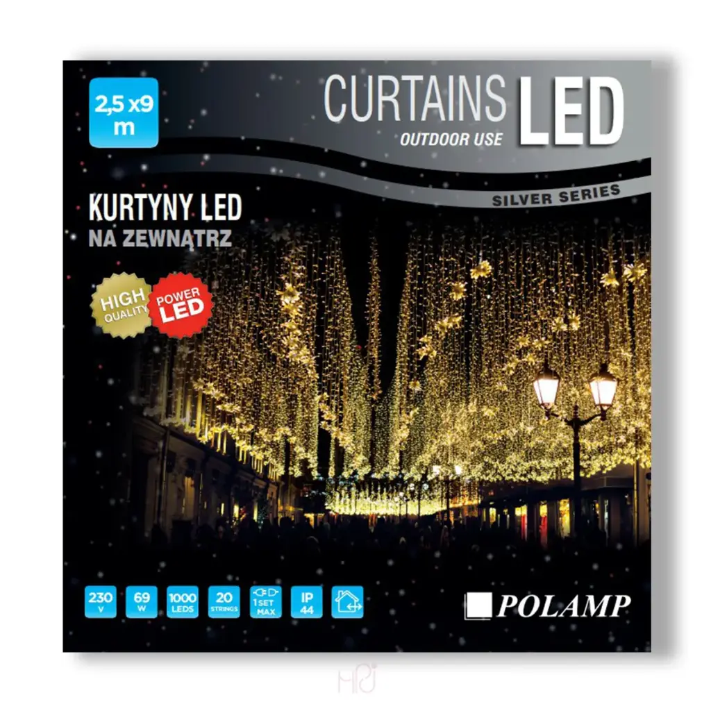 Lempučių užuolaida POLAMP, 2,5x9m, 1000 LED, šiltai balta, skaidriu laidu, IP44