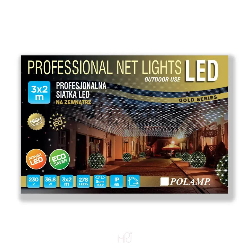 PROfesionalus FLASH lempučių tinklas POLAMP, 3x2m, 238+40 LED, šiltai balta, juodu laidu, IP67