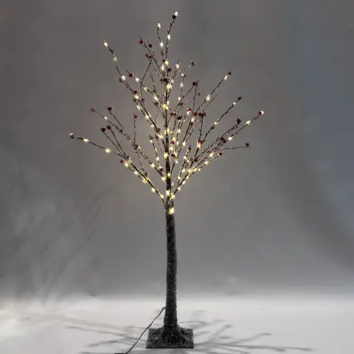 [MED-120-UOG] Šviečianti LED dekoracija-medelis su uogomis, rudas, 120 cm, 110 LED, šiltai balta, IP44