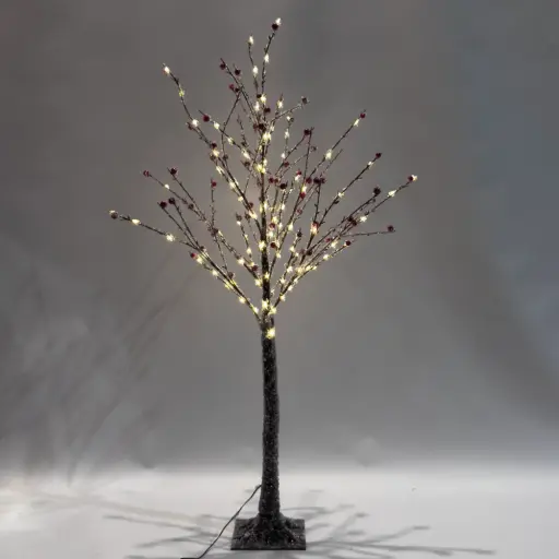 [MED-160-UOG] Šviečianti LED dekoracija-medelis su uogomis, rudas, 160 cm, 156 LED, šiltai balta, IP44