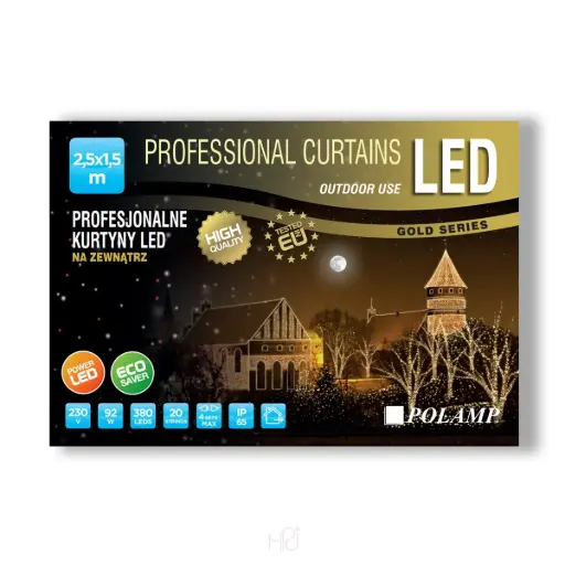 [POL-PLCL2,5X1,5-WW-BL] PROfesionali lempučių užuolaida POLAMP, 2,5x1,5m, 380 LED, šiltai balta, juodu laidu, IP67