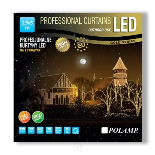 [POL-PLCL2,5X3,0-WW-BL] PROfesionali lempučių užuolaida POLAMP, 2,5x3m, 600 LED, šiltai balta, juodu laidu, IP67