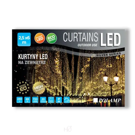 [POL-LCL2,5X6,0-WW-T] Lempučių užuolaida POLAMP, 2,5x6m, 720 LED, šiltai balta, skaidriu laidu, IP44