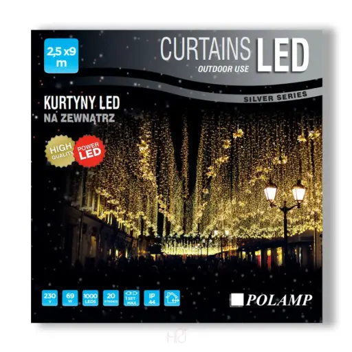 [POL-LCLf2,5X9,0-CW-T] FLASH lempučių užuolaida POLAMP, 2,5x9m, 800+200 LED, šaltai balta, skaidriu laidu, IP44